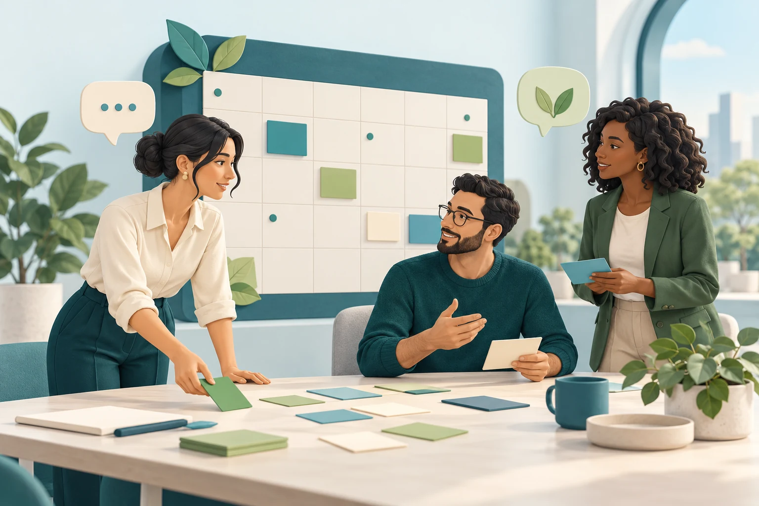Illustration of a small team planning activities with a calendar and contribution cards.